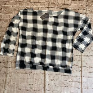 NWT KONCLE 3/4 sleeve plaid  gray/off-white top size 2 XL